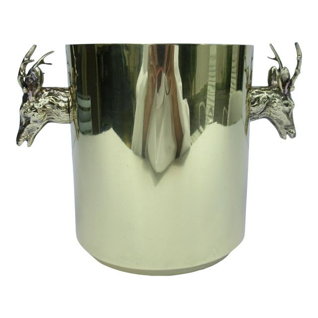 Vintage C.1970's Italian Brass and Copper With Antler Head, Handled Ice, And/Or Champagne/Wine Bucket For Sale