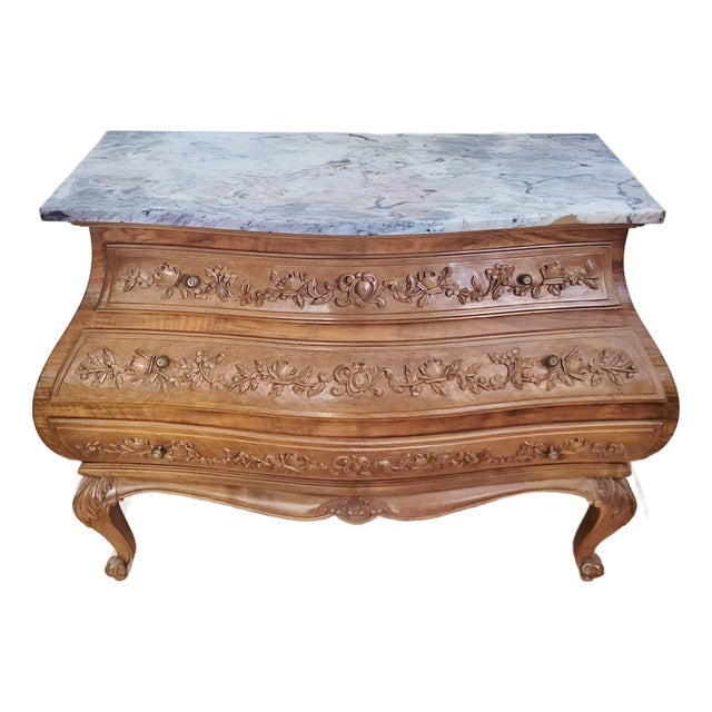 Antique French Country Louis XV Style Carved & Marble Top Bombay Chest For Sale
