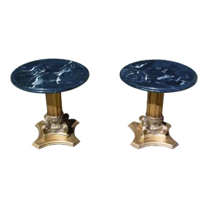 Vintage Pair Quartite Creative Corp Marbelous Gold Gilt Pedestal End Tables