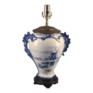 Antique Late 19th Century Royal Bonn Delft Blue White Windmill Table Lamp Signed
