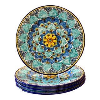 Geribi Dinner Plates (PG09) Blues Peacock Design - Set of 4 For Sale