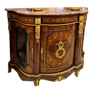Monumental French Louis XVI Display Commode Cabinet With Marble Top, Glass Side Panels, Gold Leaf & Bronze Ormolu For Sale