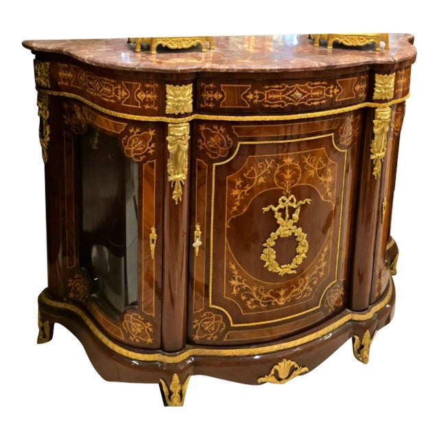 Monumental French Louis XVI Display Commode Cabinet With Marble Top, Glass Side Panels, Gold Leaf & Bronze Ormolu For Sale