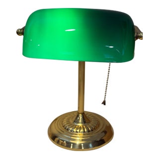 Vintage Bankers Desk Lamp Green Glass Shade Brass Stand Pull Cord Library Piano For Sale