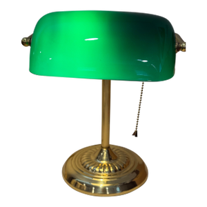 Vintage Bankers Desk Lamp Green Glass Shade Brass Stand Pull Cord Library Piano