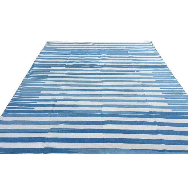 Sky Blue Handmade Cotton Natural Vegetable Dyed Area Rug, Sky Blue and White Striped Dhurrie-10'x14' For Sale - Image 8 of 12