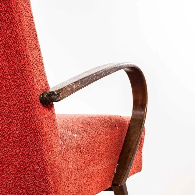 Wood Armchair in Tomato Geometric Check Bouclé Fabric Arrmchair with Sprung Seat by Jaroslav Šmídek, 1950s For Sale - Image 7 of 10