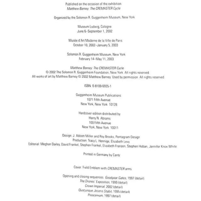 2000 - 2009 "Matthew Barney: The Cremaster Cycle" 2002 Spector, Nancy For Sale - Image 5 of 7