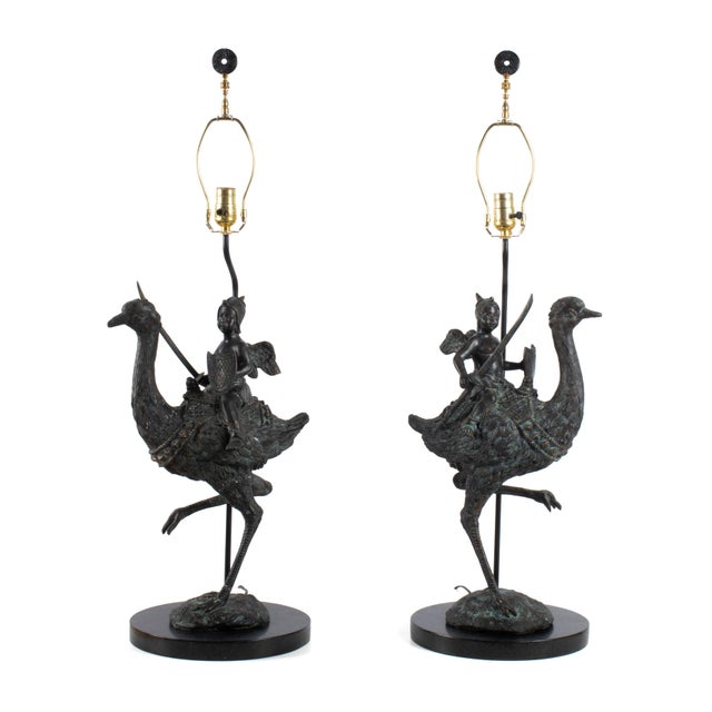 PAIR OF BRONZE OSTRICH LAMPS Beautiful Pair of Bronze Sculptures of Ostriches Ridden by Cherubs, Set on Marble Bases as...