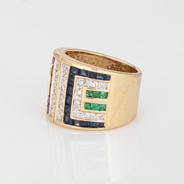 70s Gemstone Diamond Cigar Band 14k Yellow Gold 15mm Wide Ring Sz 6 Jewelry For Sale - Image 4 of 7