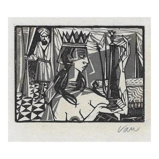 1950s Figural Middle Eastern Linocut by Van For Sale