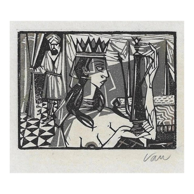 1950s Figural Middle Eastern Linocut by Van For Sale