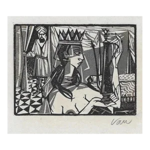 1950s Figural Middle Eastern Linocut by Van
