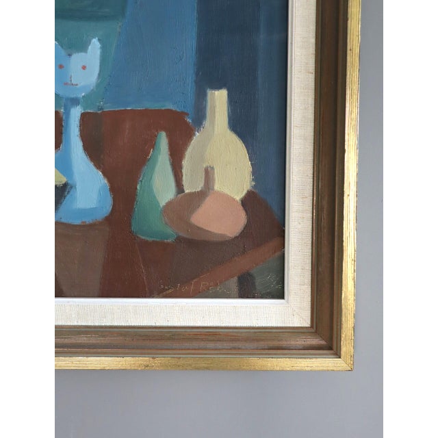 Mid-Century Modern 'Still Life With Cat Figurine' Vintage Swedish Original Geometric Interior Oil Painting, Framed For Sale - Image 6 of 10