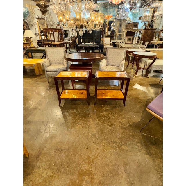 This pair of Continental Burl and Mahogany side tables is a stylish and elegant addition to any home. ready to use...