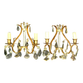 C1920 French Art Deco Bronze W/ Cut Crystal Lyre Back Wall Sconces For Sale