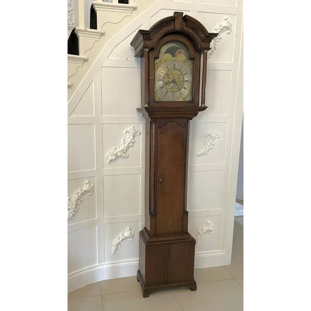 Antique Brass Face Oak Longcase Clock by William Lister For Sale - Image 4 of 18