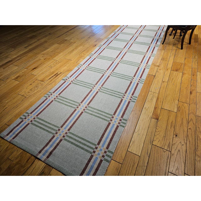 Vintage American Runner, Flat-Woven Wool & Cotton, Allover Pattern, Green Stripes, 4x24 For Sale - Image 11 of 12