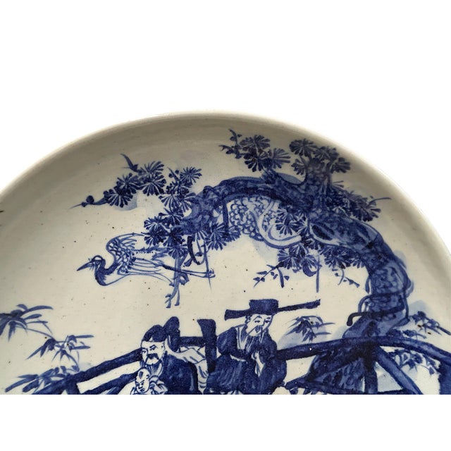 Vintage Large Blue White Scholars Students Graphic Porcelain Plate Display Art For Sale - Image 13 of 14