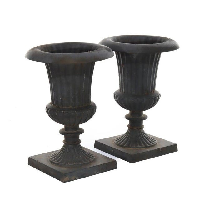 Pair of Antique Neoclassical Cast Iron Melon Ribbed Garden Urns C1930 For Sale - Image 4 of 10