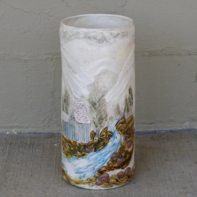Mid-Century Vintage Textured Ceramic Snowy Owl & Winter Landscape Umbrella Stand For Sale - Image 4 of 12