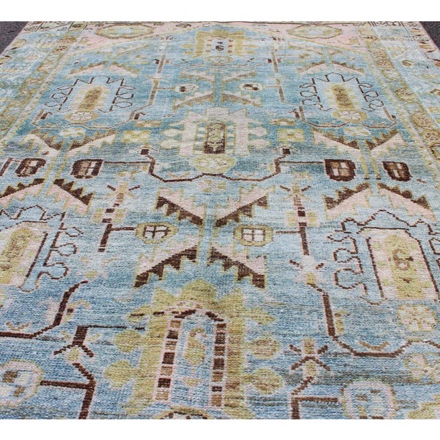 Textile Antique Geometric Design Persian Malayer Rug in Light Blue, Pink, and Green For Sale - Image 7 of 13