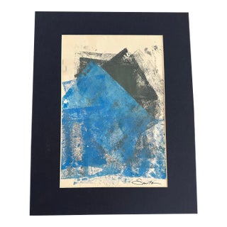 “Blue House” Matted Original Abstract Acrylic Painting by Nancy Smith For Sale