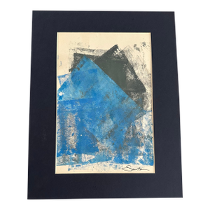 “Blue House” Matted Original Abstract Acrylic Painting by Nancy Smith