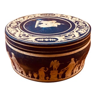 Antique English Round Tole Biscuit Tin in the Style of Josiah Wedgwood For Sale