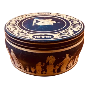 Antique English Round Tole Biscuit Tin in the Style of Josiah Wedgwood