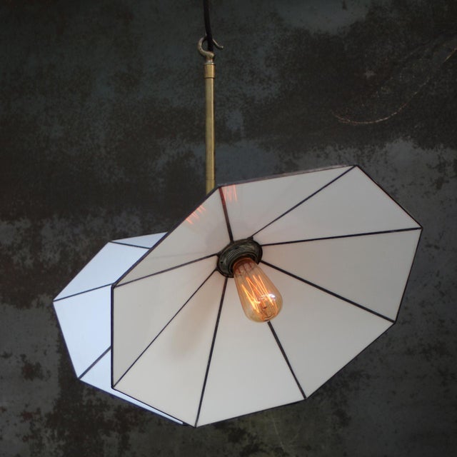 Black Art Deco Brass and White Stained Opaline Glass Pendant Lamp For Sale - Image 8 of 10