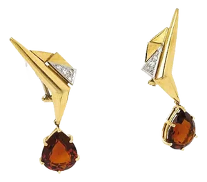 Orange Citrine Diamond 18k Yellow Gold Boomerang Style Dangle Earrings, 2 Pieces