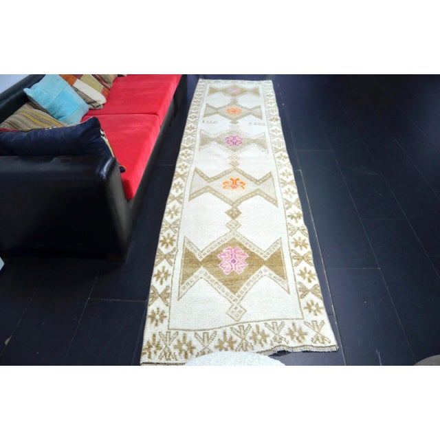 Textile Vintage Turkish Traditional White Runner Rug 12 Ft For Sale - Image 7 of 11