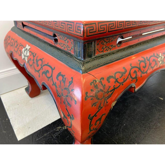 Red Lacquer & Hand Painted Oriental Cocktail Table For Sale - Image 6 of 7