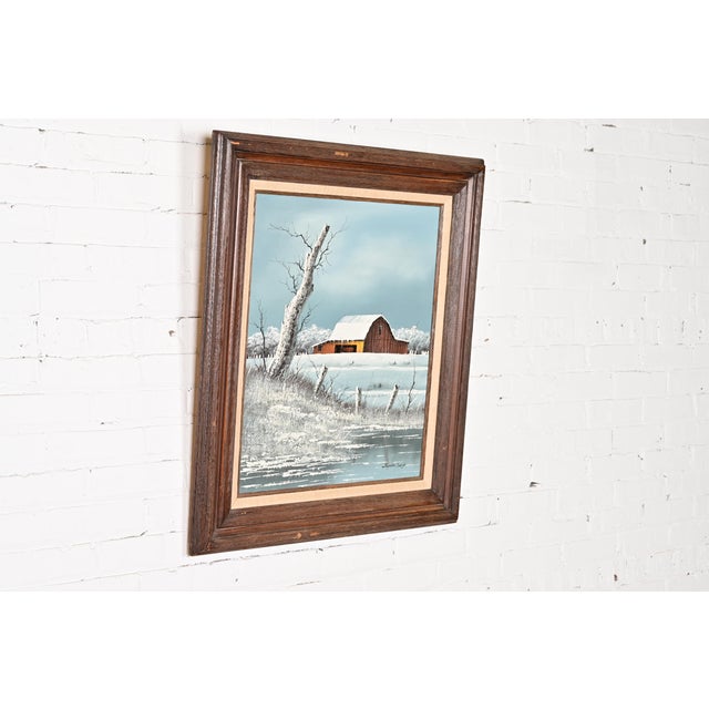 Original Artist Signed "Barn in Snowfall" Oil Painting on Canvas in Carved Wood Frame For Sale - Image 4 of 13