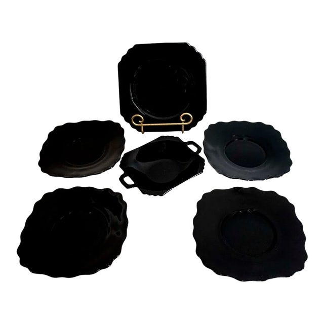1960s Mid-Century Modern Black Depression Glass Dessert Set - 6 Pieces For Sale