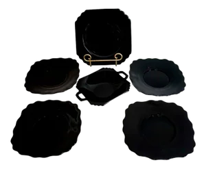 1960s Mid-Century Modern Black Depression Glass Dessert Set - 6 Pieces