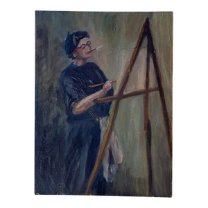 Vintage Expressionist Figurative Painting of French Artist at Easel, Circa 1930