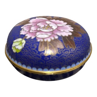Vintage Chinese Cloisonné Enamel Peony Trinket Box in Cobalt Blue For Sale