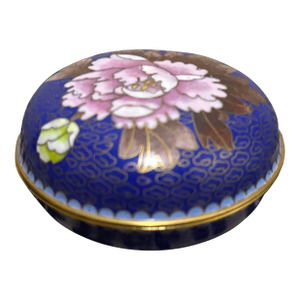 Vintage Chinese Cloisonné Enamel Peony Trinket Box in Cobalt Blue