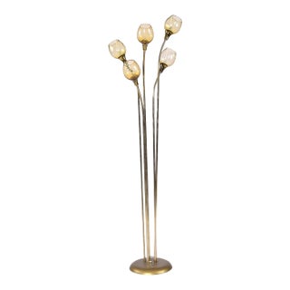 5-Head Gold Brass Mid-Century Modern Floor Lamp With Amber Glass Diffusers For Sale