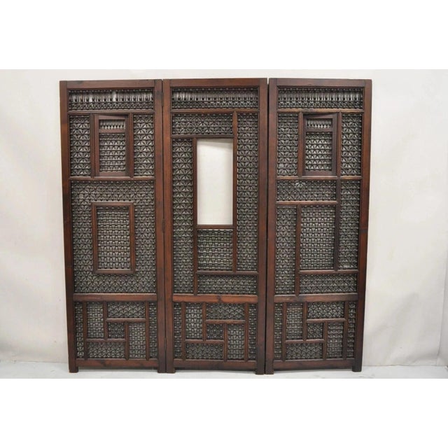Vintage Middle Eastern Boho Chic 3 Panel Mashrabiya Lattice Folding Screen Room Divider. Item features 2 small swing...