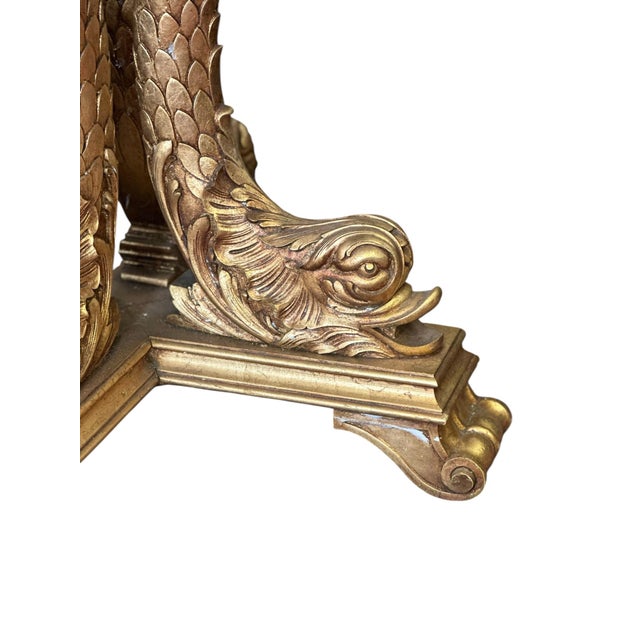 Mid 20th Century Impressive Regency Burled Fruitwood Pedestal Center Table With Gilded Dolphin Base For Sale - Image 11 of 14