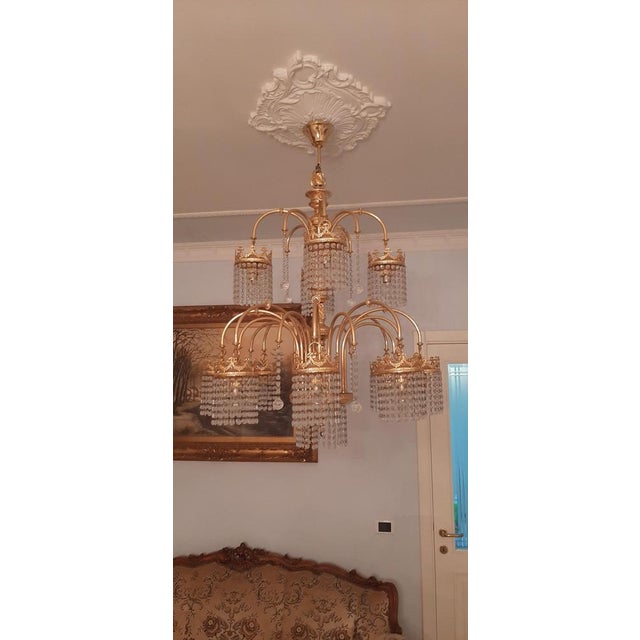 Empire Gold-Plated Chandeliers with Crystals, 1970s, Set of 2 For Sale - Image 13 of 14