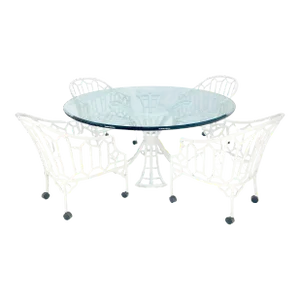 Cast Aluminum Faux Bamboo 4 Arm Chairs 60" 3/4" Glass Top Dining Table Set - 5 Piece Set