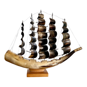 Large Vintage Carved Horn Ship Sculpture on Wooden Base