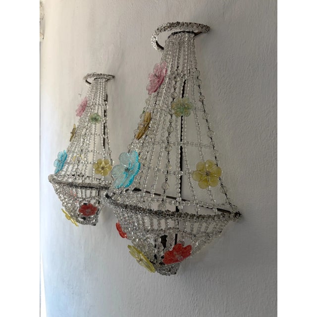 Glass Huge Beaded Colorful Murano Flowers Sconces, Circa 1940 Italian One of a Kind - a Pair For Sale - Image 7 of 14