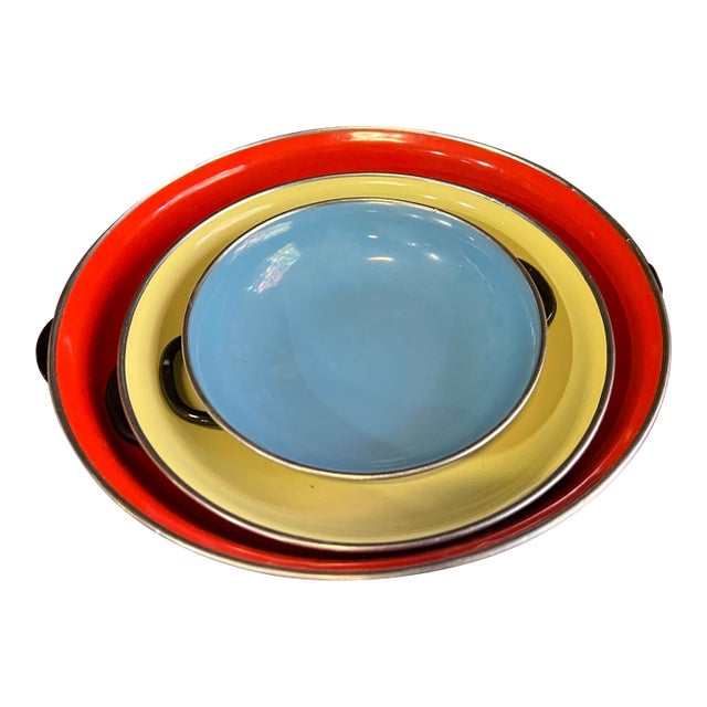 1970s Yugoslavia Collection of Enamel Bowls, Red, Yellow, Blue For Sale