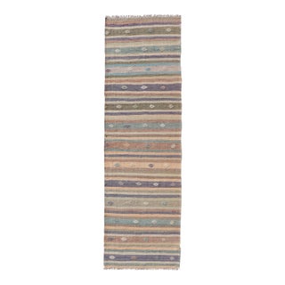 Vintage Flat Weave Turkish Kilim Runner With Stripe and Modern Motif Design For Sale