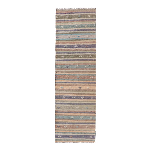 Vintage Flat Weave Turkish Kilim Runner With Stripe and Modern Motif Design For Sale